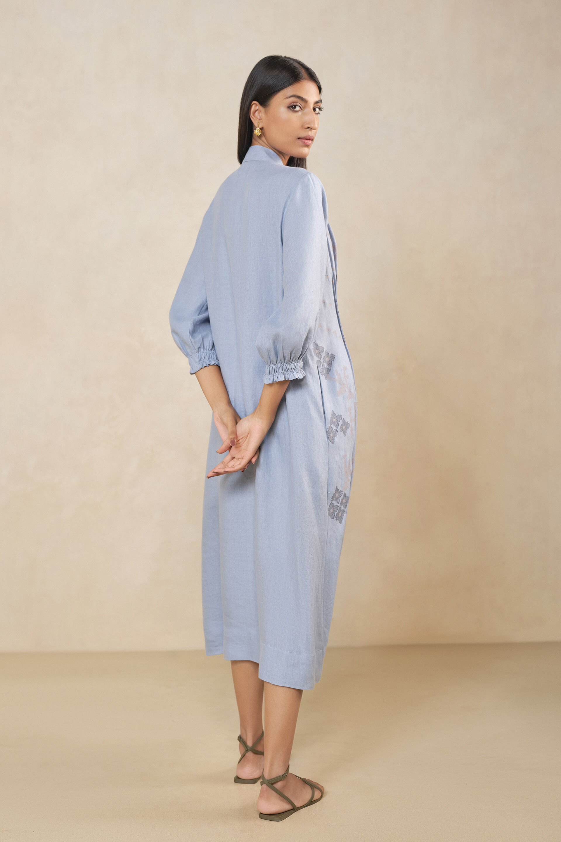 Haiku Embroidered Hemp Dress - Blue
